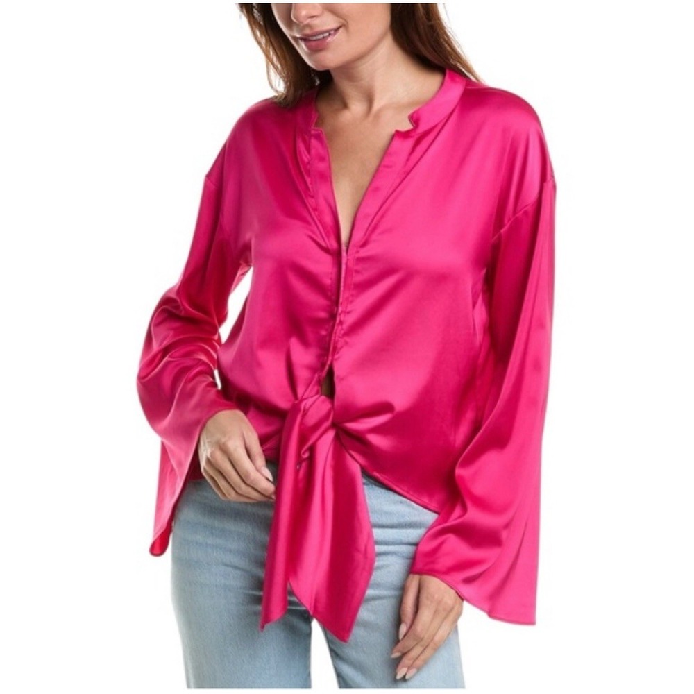 Anthropologie Hutch Otto Top Women L Fuchsia Satin Tie-Front‎ Bell Sleeve NWT
